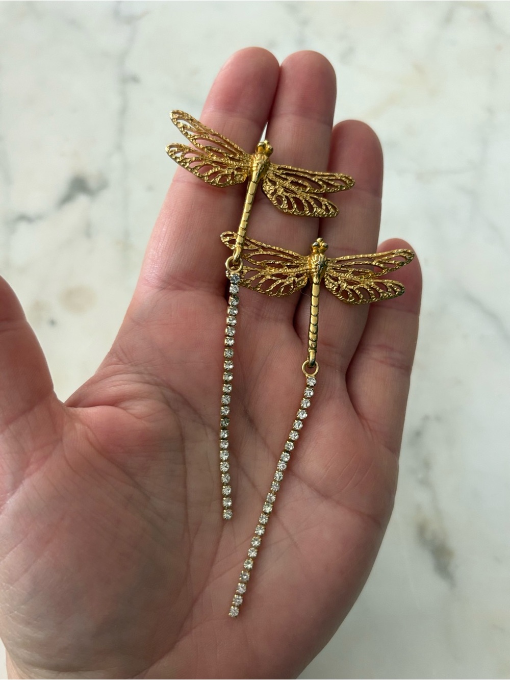 Zara Gold Dragonfly Drop Earrings with Clear Crystal Chains